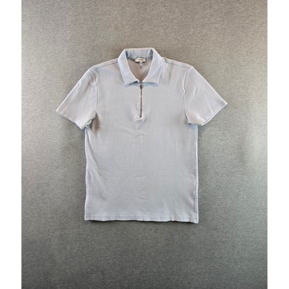 Reiss Billy Zip Polo Mens Size M Light Blue Textured Waffle Knit Short Sleeve